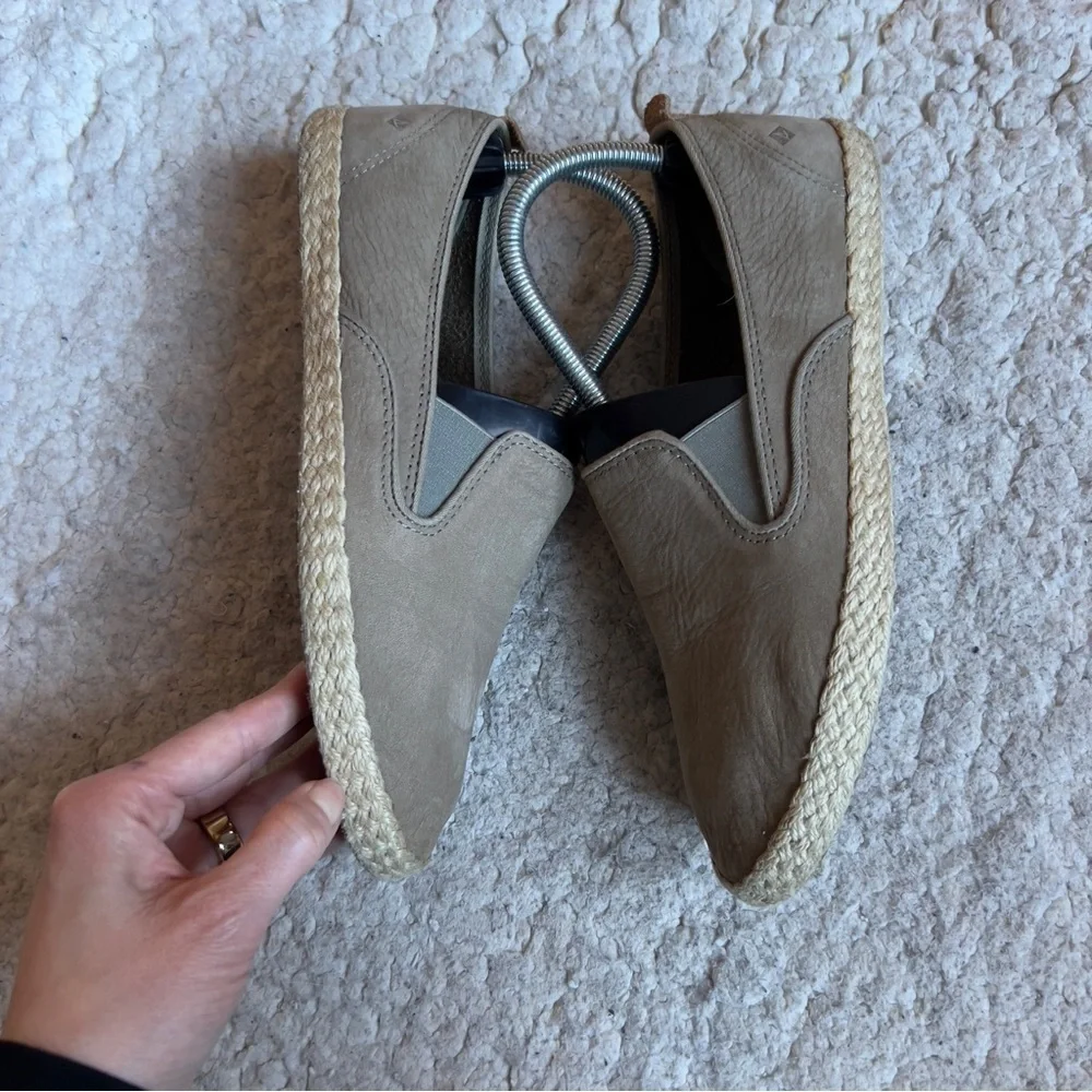 Sperry: Olive Green Suede Slip On Sailor Twin Gore Jute Espadrilles Size 8.5